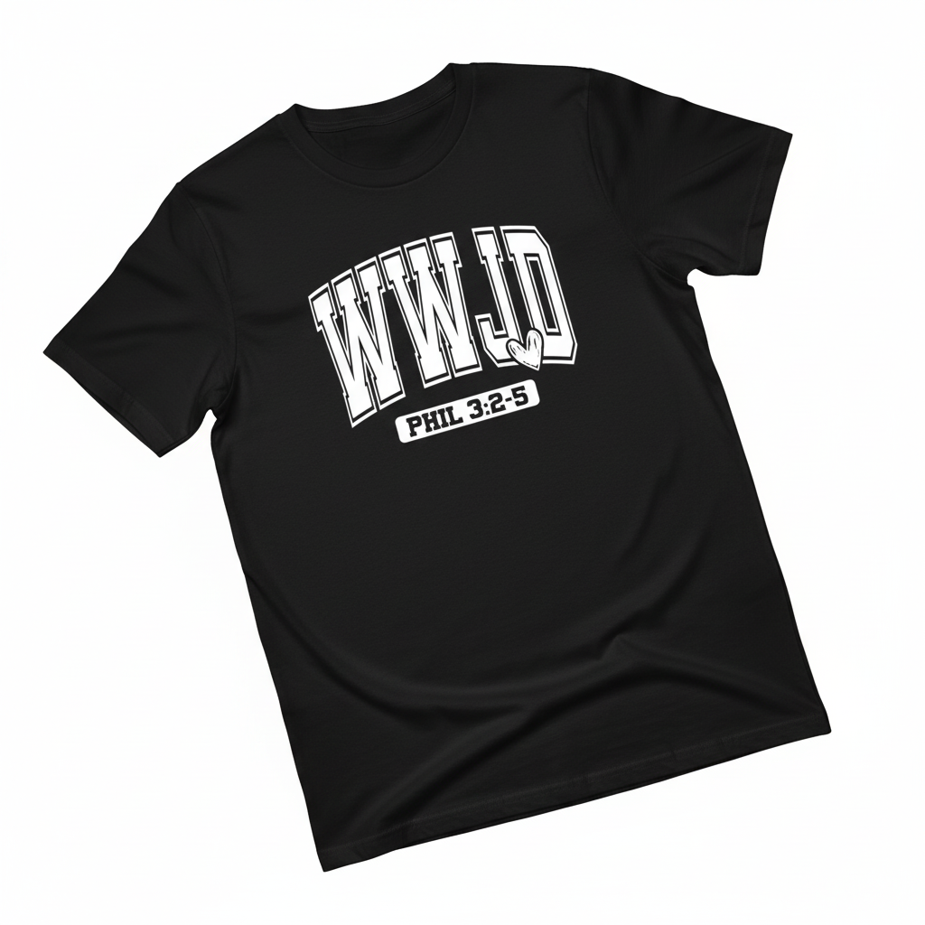 WWJD Christian Faith T-Shirt Flat Lay Product Photo