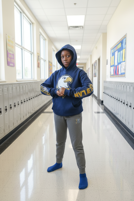 Student wearing eagle mascot hoodie in school setting