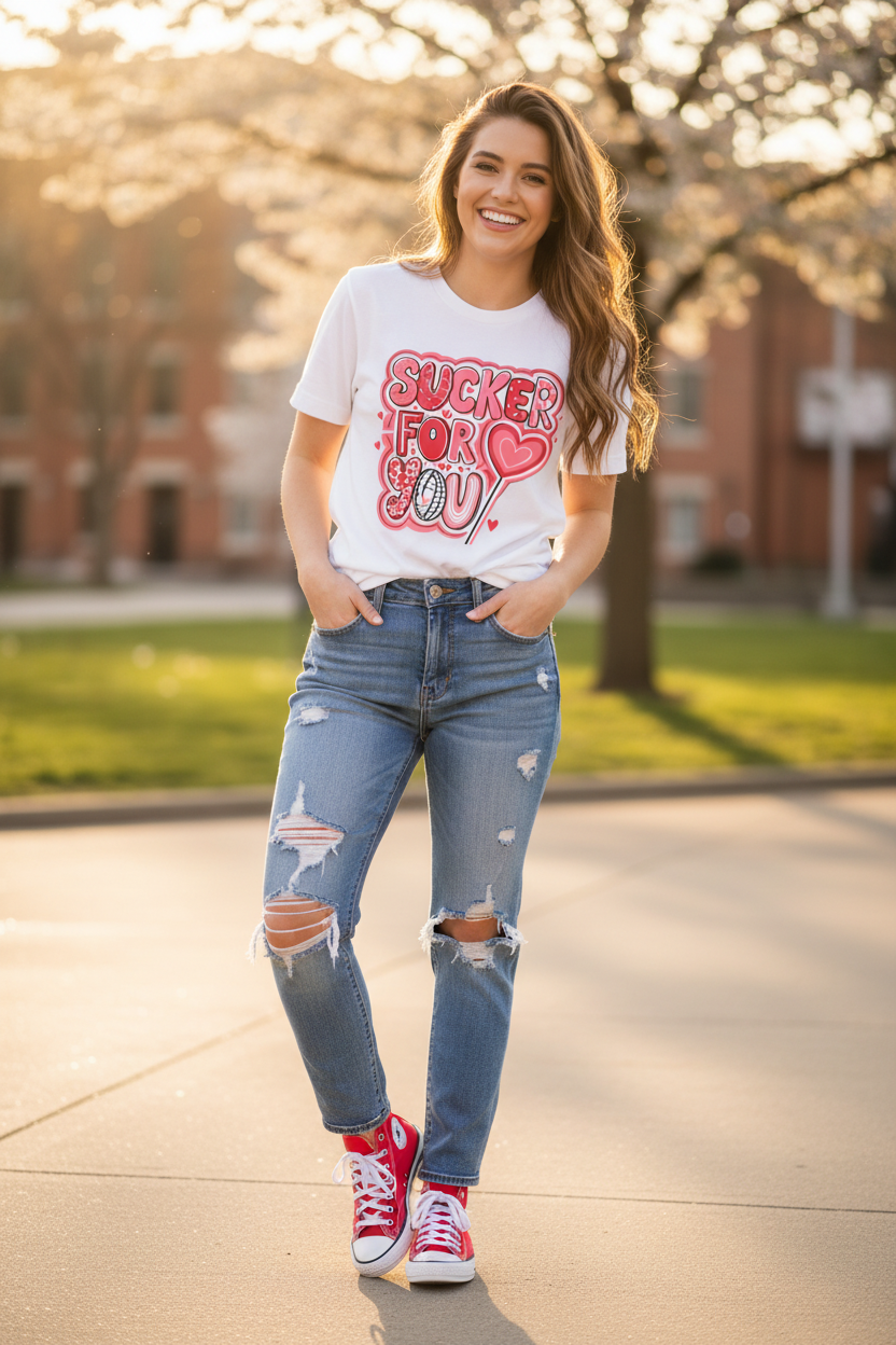 Woman wearing Sucker For You Valentine's Day white graphic t-shirt with jeans and red sneakers, lifestyle photo